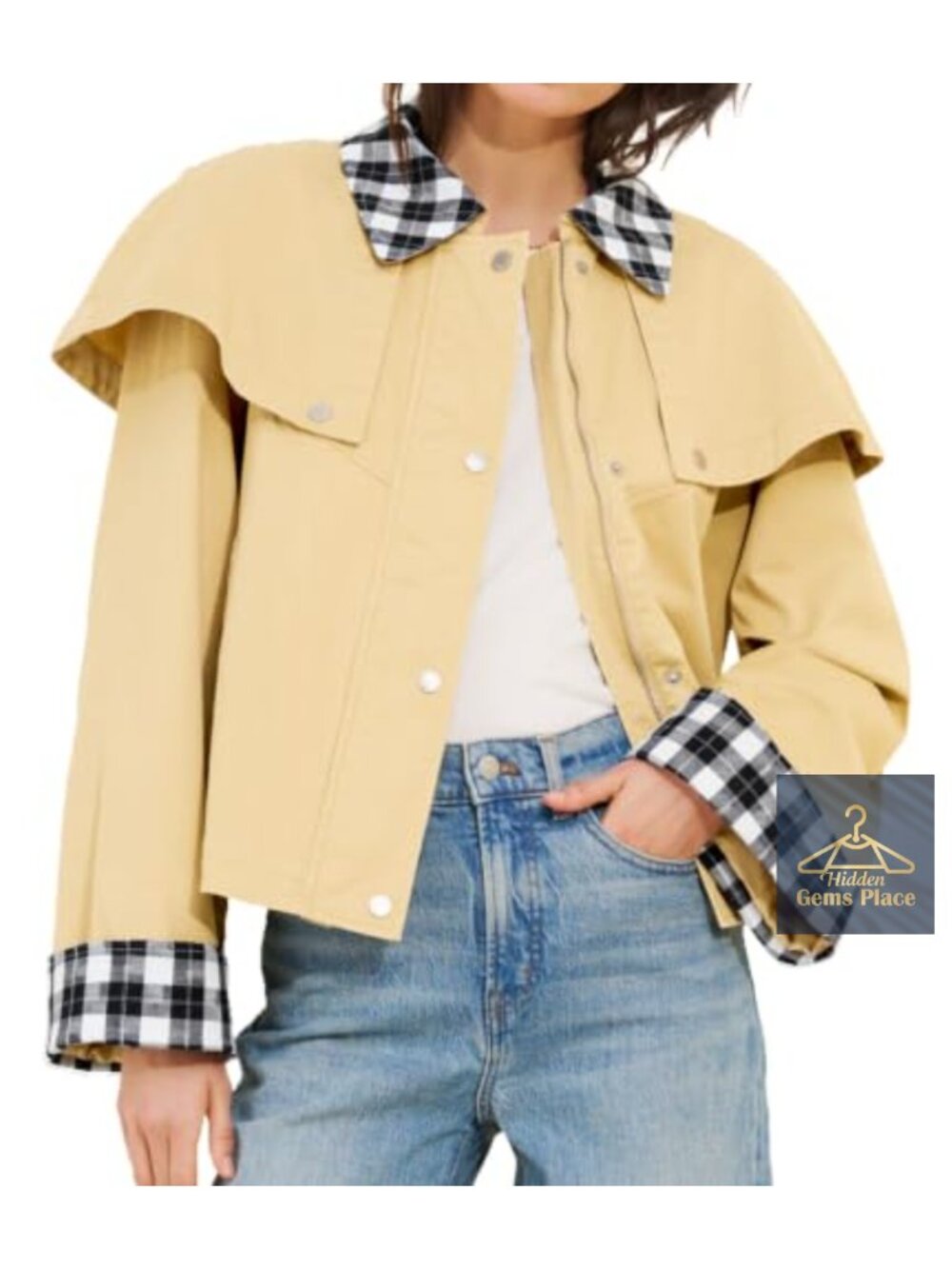 Womens Cropped Trench Coat Lightweight Cape Jacket Gingham Trim Lapel Collar